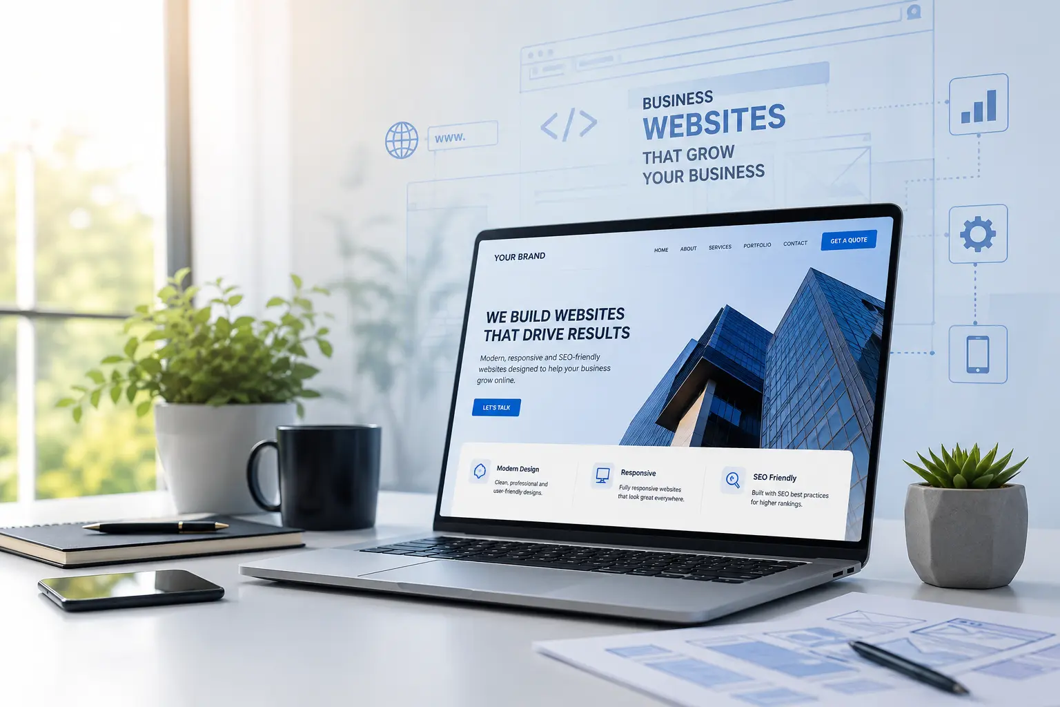 Professional business website development workspace showing responsive website design and digital growth strategy