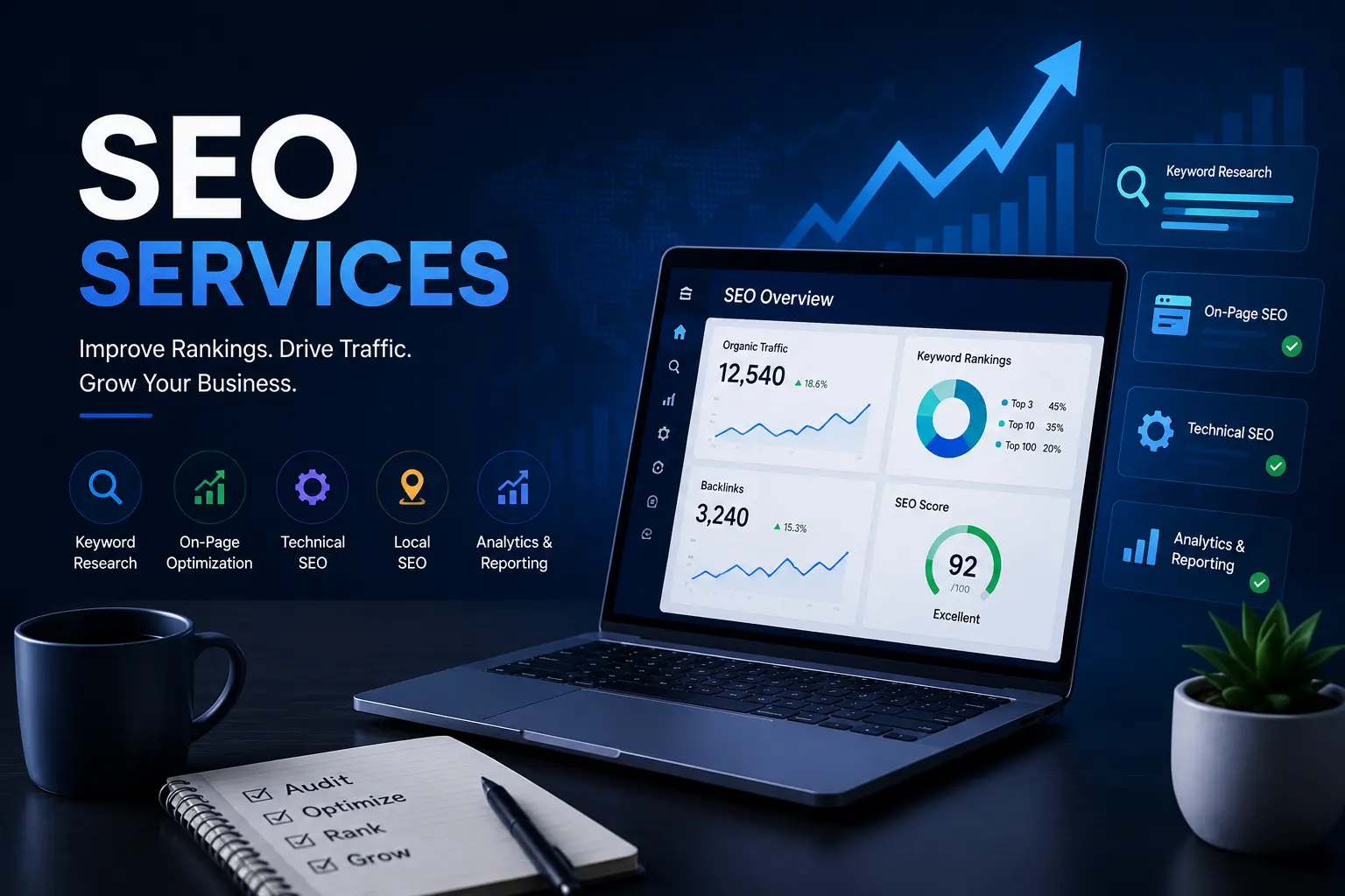 Professional SEO services dashboard showing keyword research, technical SEO, analytics reporting, and organic traffic growth