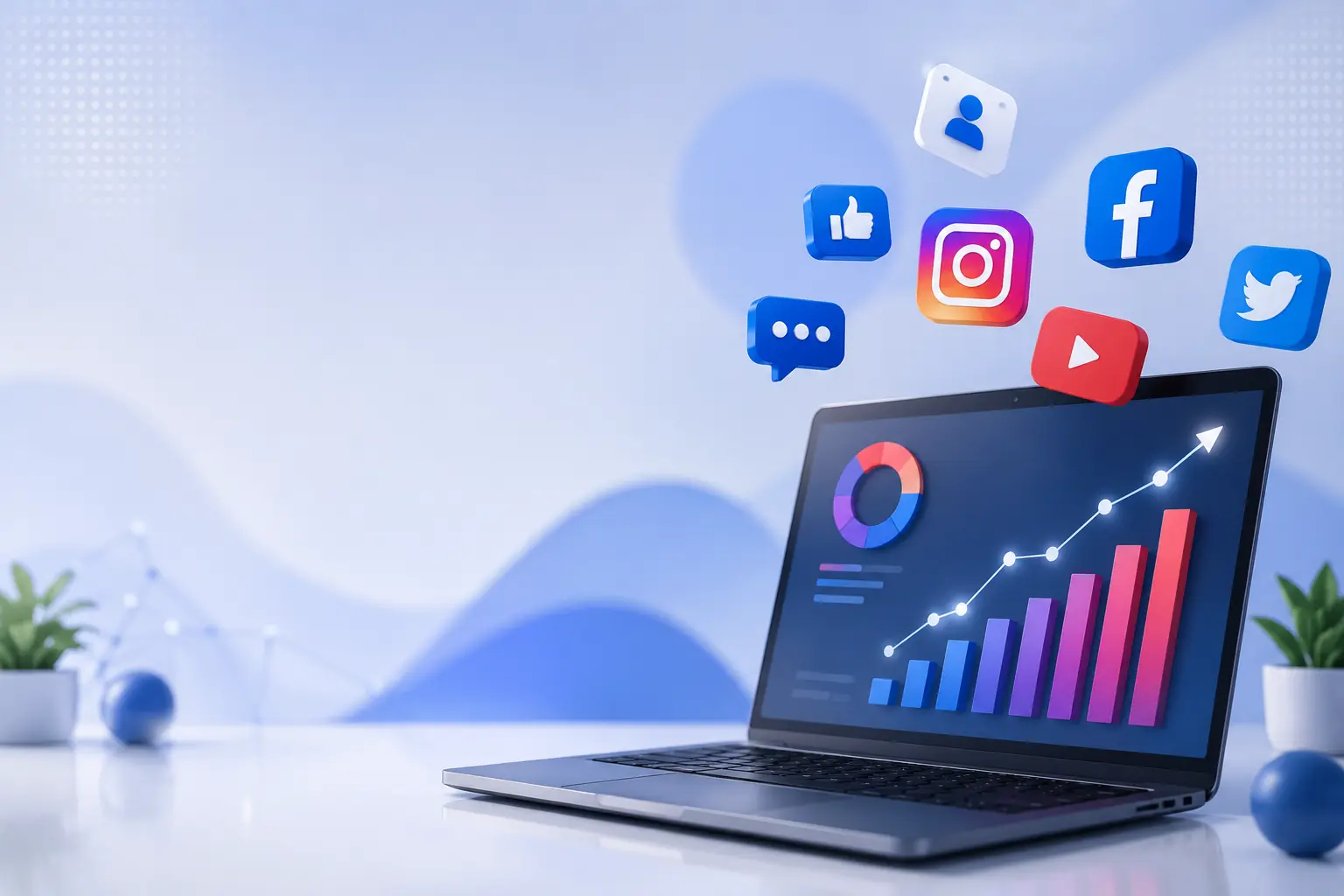 Professional social media marketing dashboard showing audience growth, content strategy, engagement analytics, and business growth performance