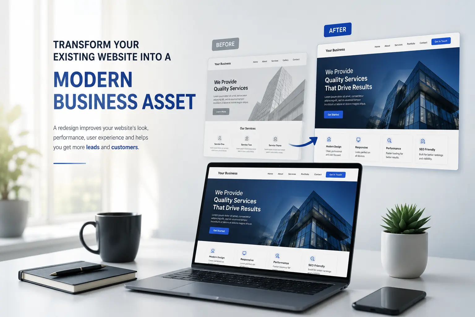 Professional website redesign service showing before and after website transformation for improved design, user experience, and business growth